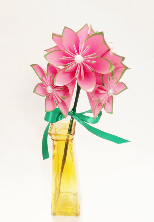 6 Pink & Green Paper Flowers- Ready to ship, handmade origami, gift, anniversary gift, birthday, wedding decor, perfect for her