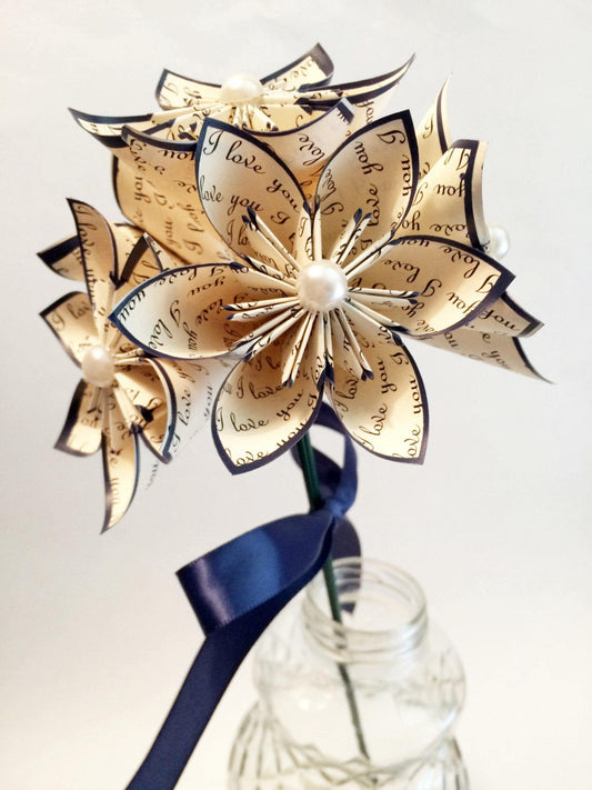 5 I Love You Paper Flowers- Ready To Ship, perfect for her, handmade anniversary gift, wedding decor, origami, navy blue daisy,small bouquet