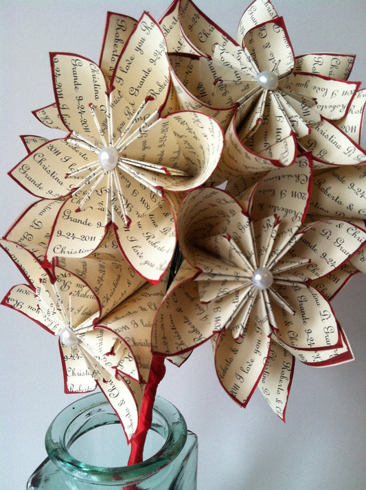 A Dozen "I Love You's" - 12 paper flowers, traditional 1st anniversary gifts for her, made to order, paper flower bouquet, origami, red rose