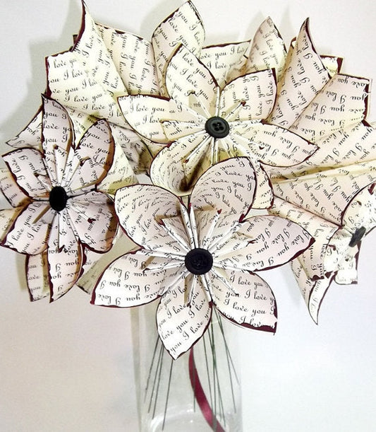 A Dozen "I Love You's" - 12 paper flowers, traditional 1st anniversary gifts for her, made to order, paper flower bouquet, origami, red rose